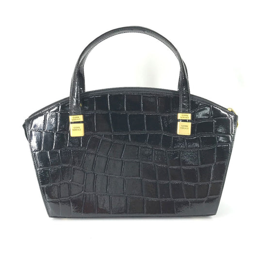 VERSACE Handbag leather black vintage embossed Medusa logo Women Used Authentic