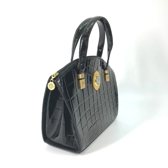VERSACE Handbag leather black vintage embossed Medusa logo Women Used Authentic