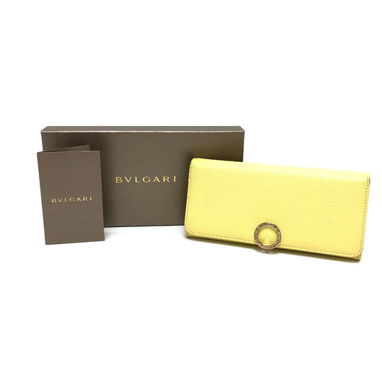 BVLGARI Long Wallet Purse leather yellow Logo clip Long wallet Women Used Authentic