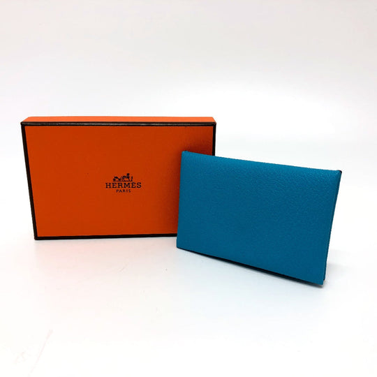 HERMES Card Case Shave blue Calvi Women Used Authentic