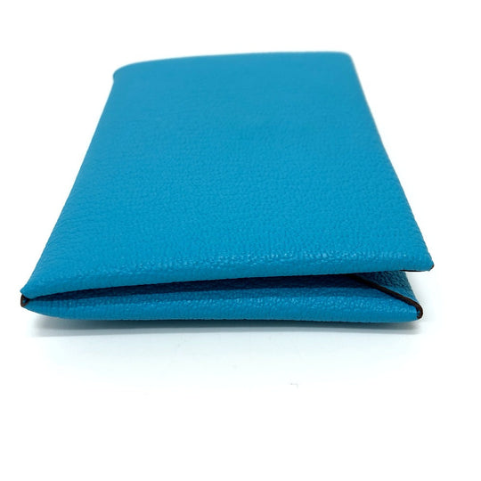HERMES Card Case Shave blue Calvi Women Used Authentic