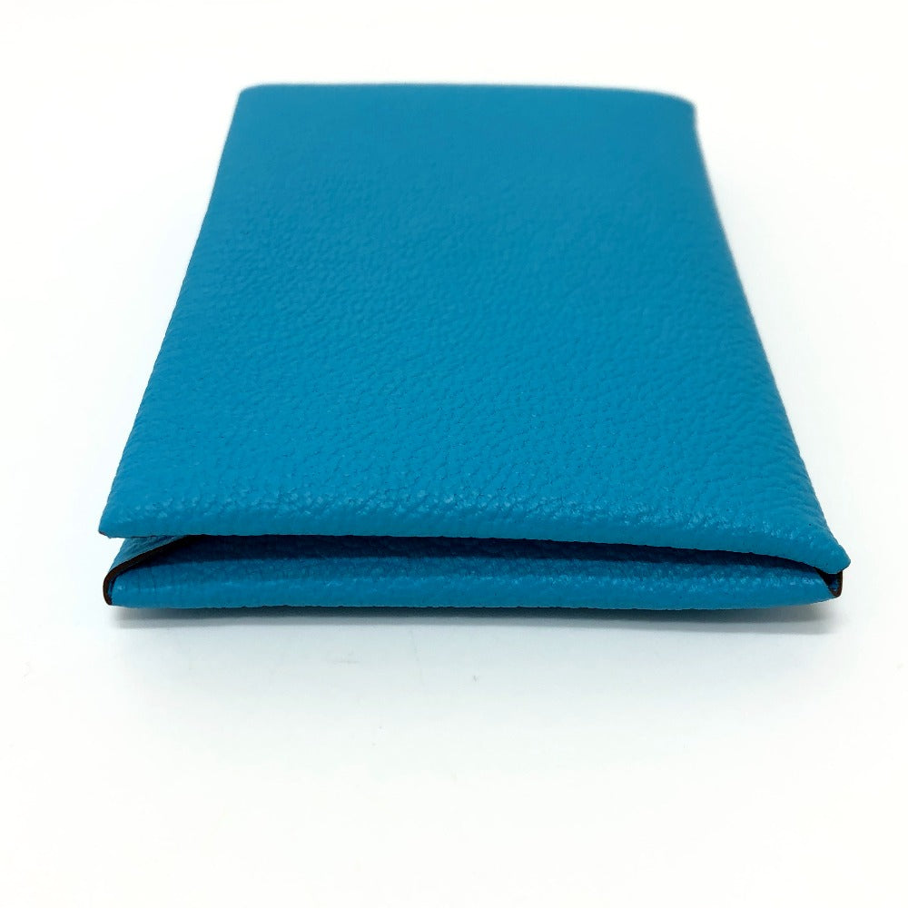 HERMES Card Case Shave blue Calvi Women Used Authentic