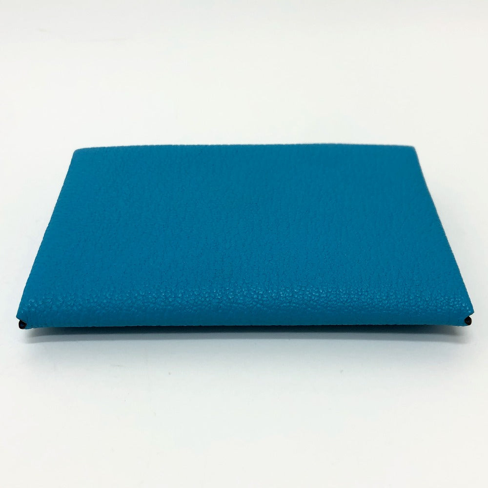 HERMES Card Case Shave blue Calvi Women Used Authentic