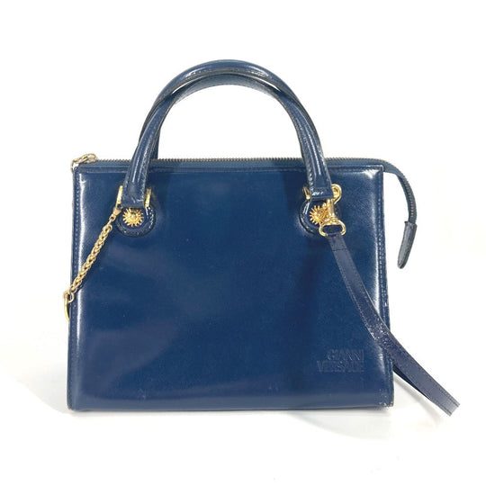 VERSACE Handbag leather Navy vintage Bag Sunburst Women Used Authentic