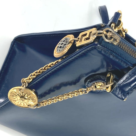 VERSACE Handbag leather Navy vintage Bag Sunburst Women Used Authentic