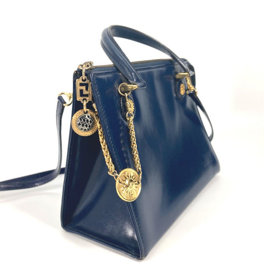 VERSACE Handbag leather Navy vintage Bag Sunburst Women Used Authentic