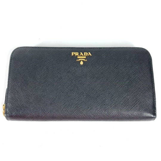 PRADA Long Wallet Purse Safiano leather black logo Zip Around Women Used Authentic