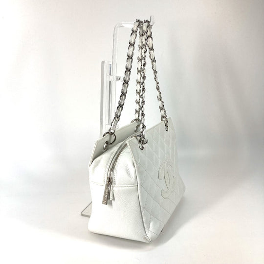 CHANEL Tote Bag Caviar skin white CC COCO Mark Timeless Matelasse Quilting Women Used Authentic