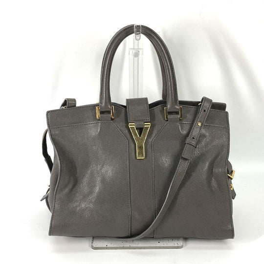 YVES SAINT LAURENT Handbag 400666 leather gray Y logo Cavas chic Women Used Authentic