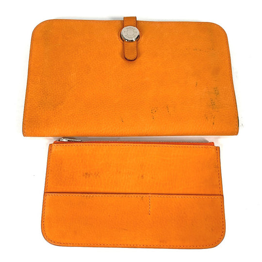 HERMES Long Wallet Purse Nubuck Orange Long wallet Dogon GM Women Used Authentic