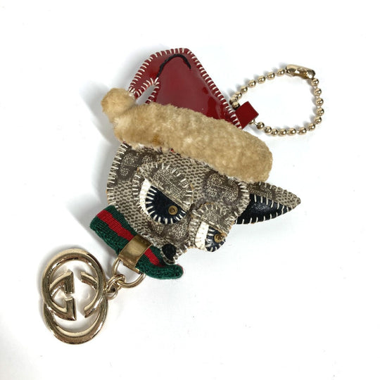 GUCCI key ring PVC / Leather beige GG Plus Sherry Line Ribbon Guchori Santa Claus Chihuahua Women Used Authentic