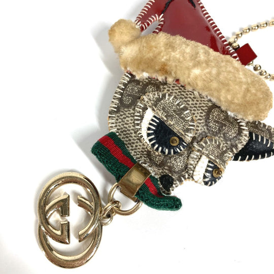 GUCCI key ring PVC / Leather beige GG Plus Sherry Line Ribbon Guchori Santa Claus Chihuahua Women Used Authentic