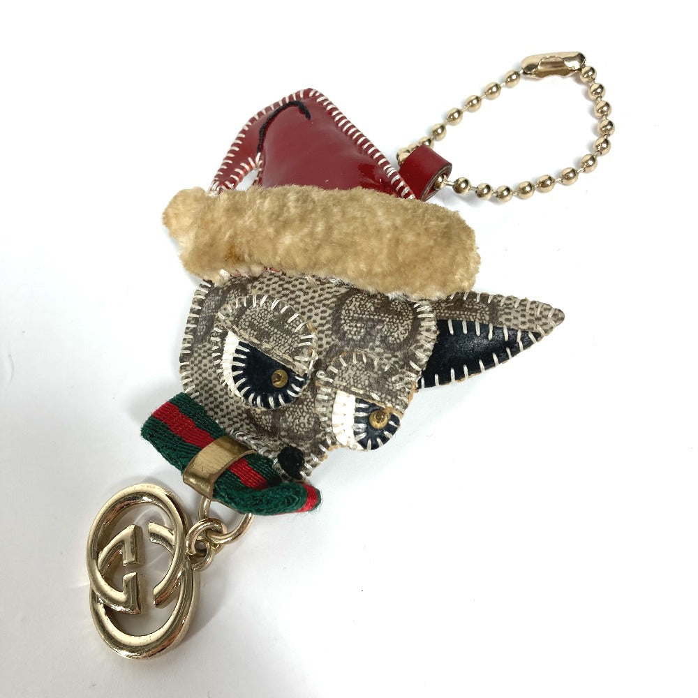 GUCCI key ring PVC / Leather beige GG Plus Sherry Line Ribbon Guchori Santa Claus Chihuahua Women Used Authentic