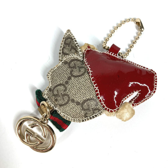 GUCCI key ring PVC / Leather beige GG Plus Sherry Line Ribbon Guchori Santa Claus Chihuahua Women Used Authentic