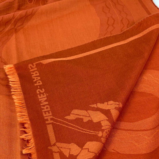 HERMES Stall wool Orange Horse pattern Cheval Large format Women Used Authentic