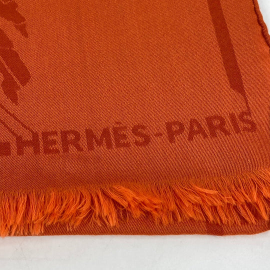 HERMES Stall wool Orange Horse pattern Cheval Large format Women Used Authentic