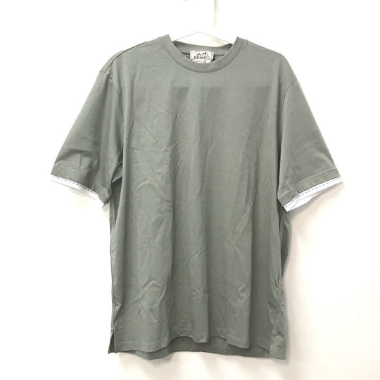 HERMES Short sleeve T-shirt cotton khaki stitch short sleeve T-shirt Line stitch mens M Used Authentic