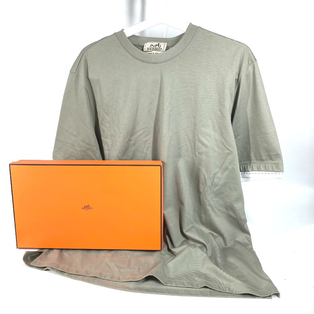HERMES Short sleeve T-shirt cotton khaki stitch short sleeve T-shirt Line stitch mens M Used Authentic
