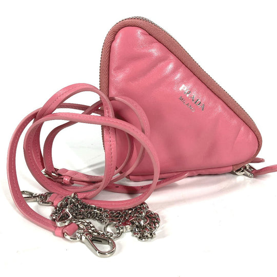 PRADA Shoulder Bag leather pink Chain Double triangle logo plate Women Used Authentic