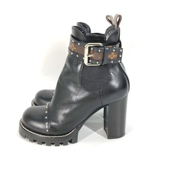 LOUIS VUITTON boots leather black Monogram Studs Women 37 Used Authentic