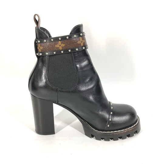 LOUIS VUITTON boots leather black Monogram Studs Women 37 Used Authentic