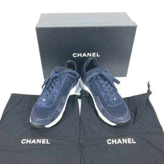 CHANEL sneakers G38750 knit Navy 23B CC COCO Mark Women 39 Used Authentic