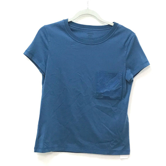 HERMES Short sleeve T-shirt cotton blue apparel tops short sleeves embroidered pocket Women 34 Used Authentic