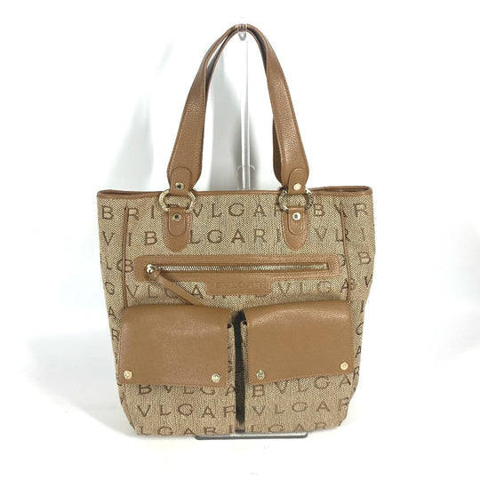 BVLGARI Tote Bag 801904 Leather / canvas beige Maxi logo Logo mania Women Used Authentic