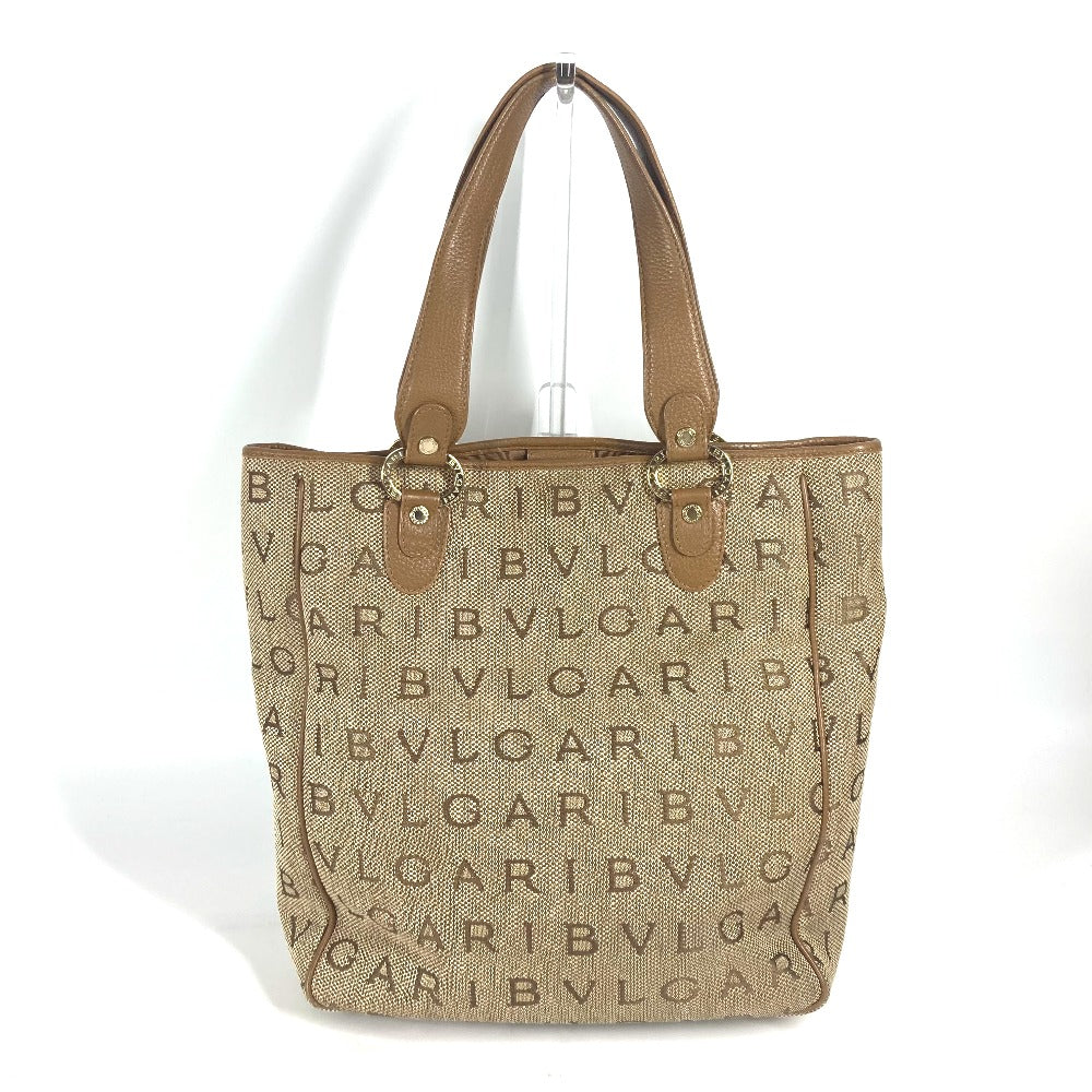 BVLGARI Tote Bag 801904 Leather / canvas beige Maxi logo Logo mania Women Used Authentic