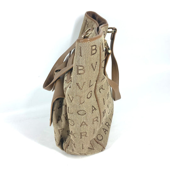 BVLGARI Tote Bag 801904 Leather / canvas beige Maxi logo Logo mania Women Used Authentic
