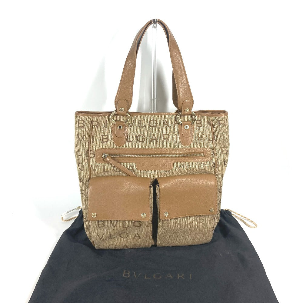 BVLGARI Tote Bag 801904 Leather / canvas beige Maxi logo Logo mania Women Used Authentic