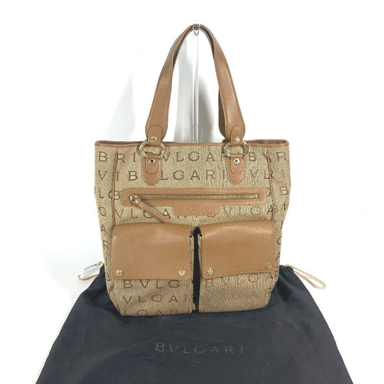 BVLGARI Tote Bag 801904 Leather / canvas beige Maxi logo Logo mania Women Used Authentic