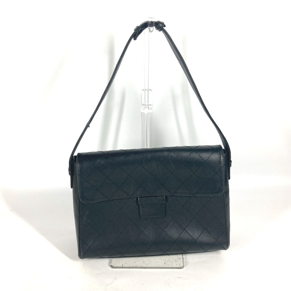 CHANEL Shoulder Bag Calf leather black Wild stitch logo matelass quilting Women Used Authentic