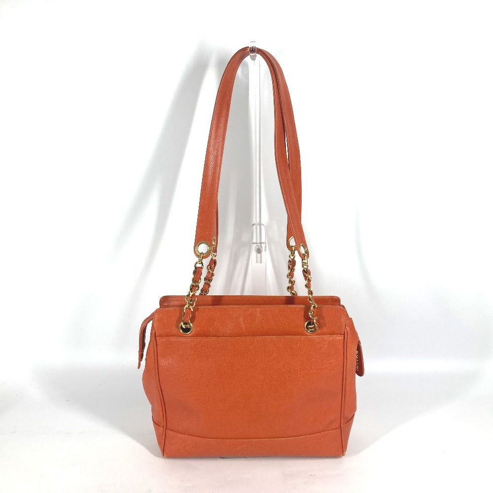 CHANEL Tote Bag Caviar skin Orange Chain bag Triple Coco CC COCO Mark Women Used Authentic