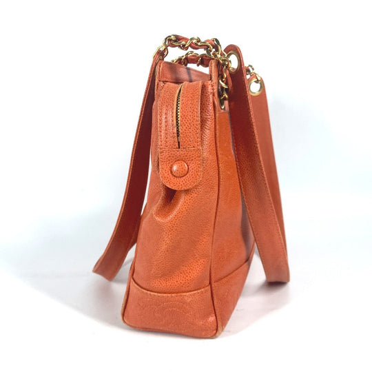 CHANEL Tote Bag Caviar skin Orange Chain bag Triple Coco CC COCO Mark Women Used Authentic