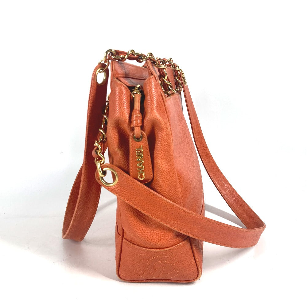 CHANEL Tote Bag Caviar skin Orange Chain bag Triple Coco CC COCO Mark Women Used Authentic
