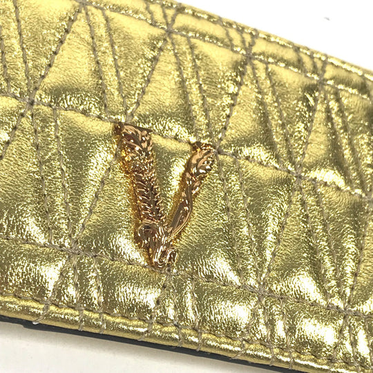VERSACE Coin case leather gold With key ring Visetos V logo Women Used Authentic