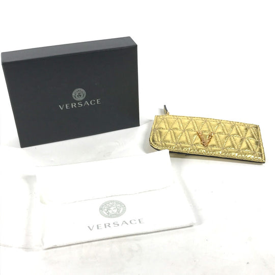 VERSACE Coin case leather gold With key ring Visetos V logo Women Used Authentic