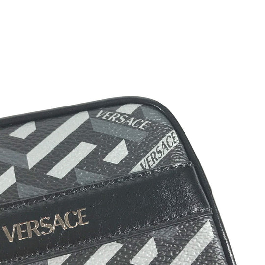 VERSACE Pouch leather gray Total logo Lagreca Square Women Used Authentic