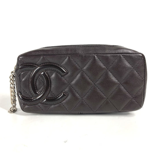 CHANEL Pouch leather Brown Makeup pouch Cosmetics Pouch Cambon line Women Used Authentic