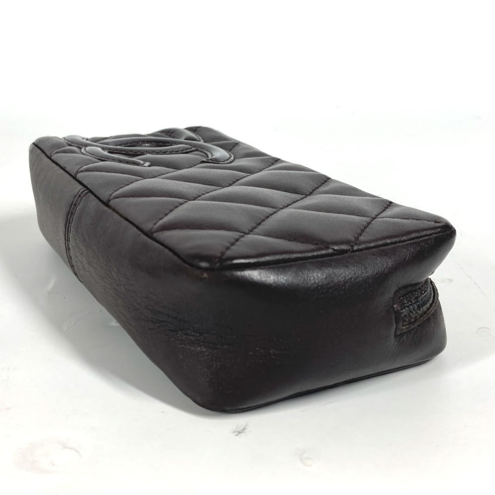 CHANEL Pouch leather Brown Makeup pouch Cosmetics Pouch Cambon line Women Used Authentic