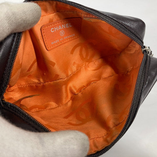 CHANEL Pouch leather Brown Makeup pouch Cosmetics Pouch Cambon line Women Used Authentic