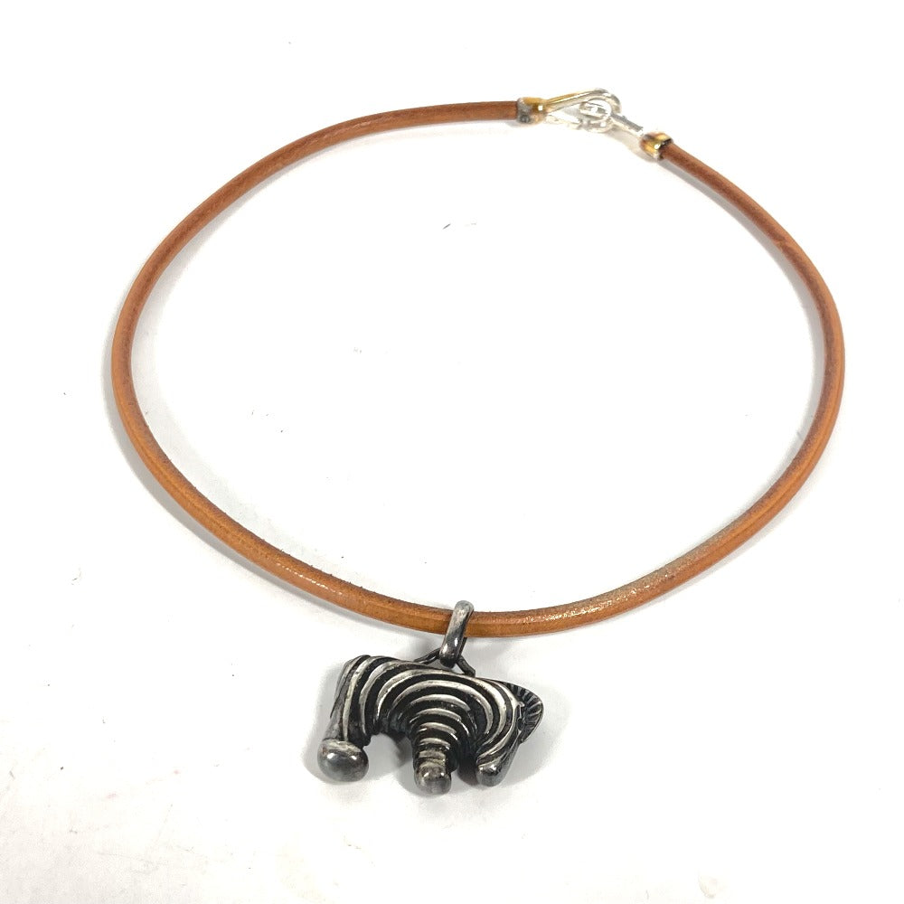 HERMES Necklace leather Silver animal Zebra Choker Women Used Authentic