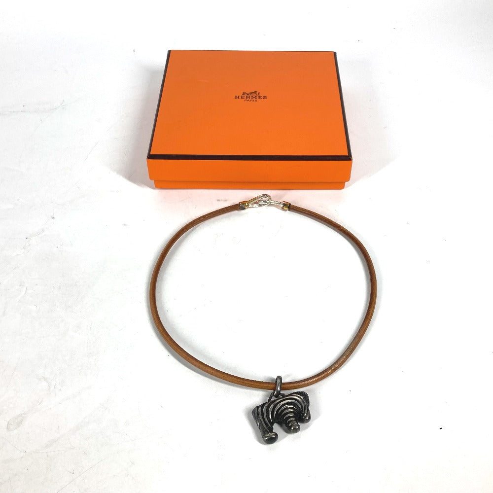 HERMES Necklace leather Silver animal Zebra Choker Women Used Authentic