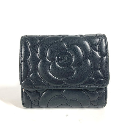 CHANEL Trifold wallet leather black By color Camelia Women Used Authentic