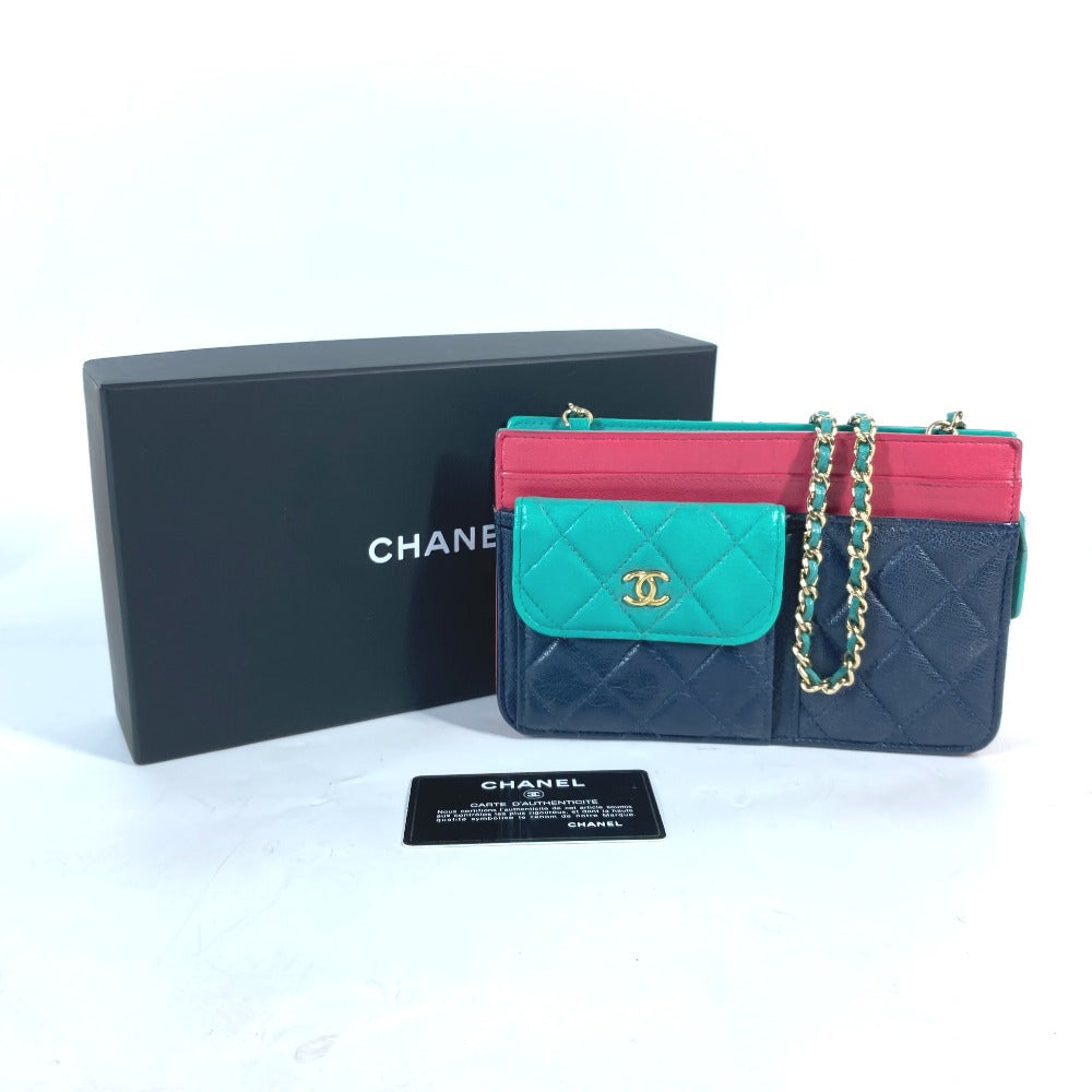 CHANEL Long Wallet Purse AP1138 Caviar skin Navy 2020 Cruise Tricolor Chain Wallet CC COCO Mark Women Used Authentic