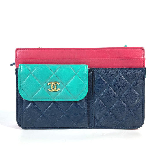 CHANEL Long Wallet Purse AP1138 Caviar skin Navy 2020 Cruise Tricolor Chain Wallet CC COCO Mark Women Used Authentic