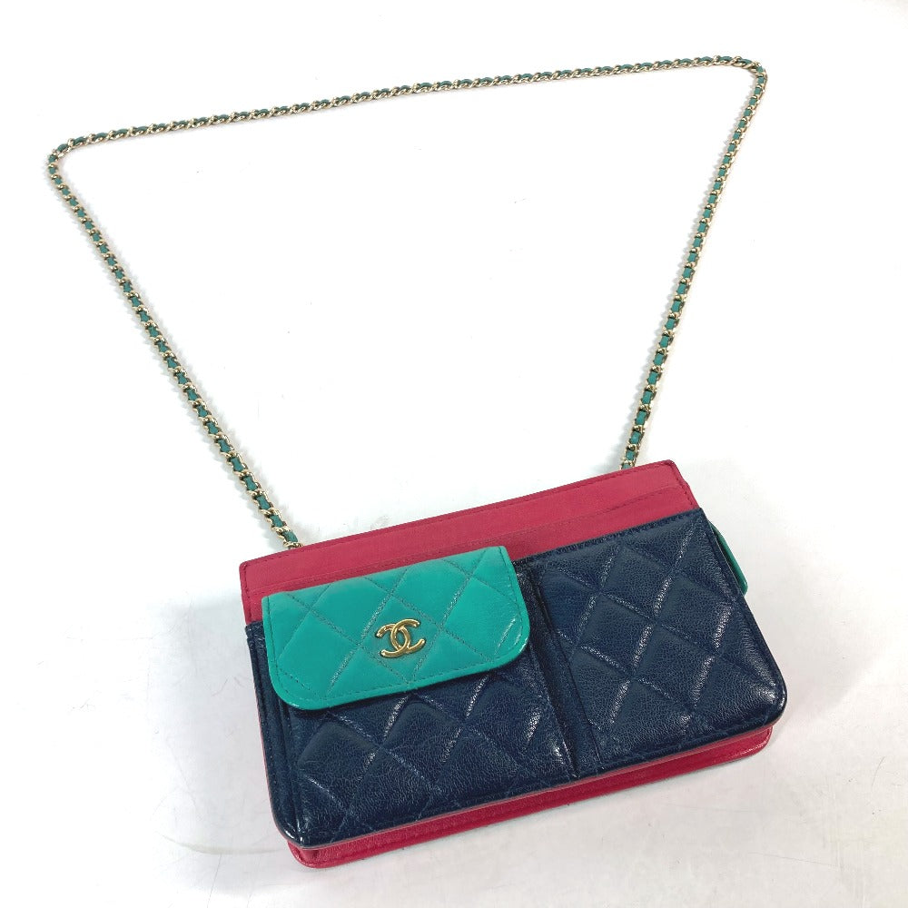 CHANEL Long Wallet Purse AP1138 Caviar skin Navy 2020 Cruise Tricolor Chain Wallet CC COCO Mark Women Used Authentic