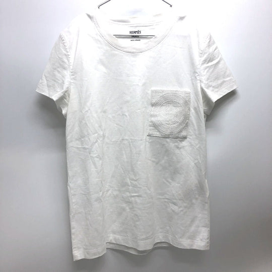 HERMES Short sleeve T-shirt cotton white Embroidered Mosaic H Logo Pocket Women 34 Used Authentic