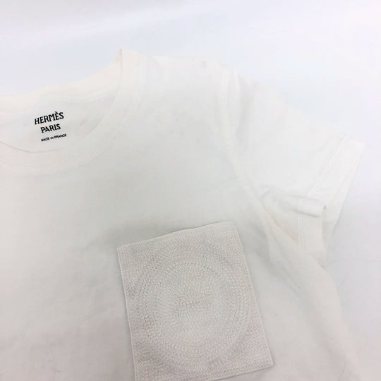 HERMES Short sleeve T-shirt cotton white Embroidered Mosaic H Logo Pocket Women 34 Used Authentic